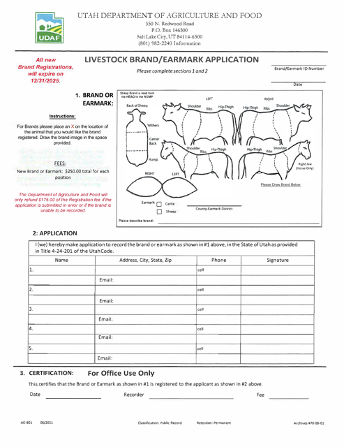 Form AG-801 Livestock Brand/Earmark Application - Utah