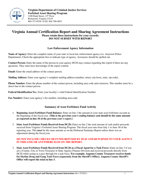 Instructions for Forfeited Asset Sharing Program (Fasp) Annual Certification Report and Sharing Agreement - Virginia, 2021