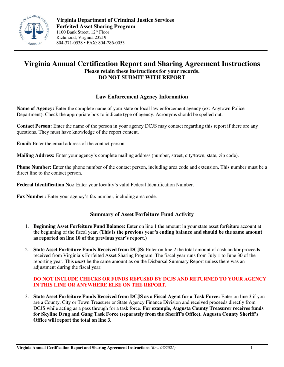 Instructions for Forfeited Asset Sharing Program (Fasp) Annual Certification Report and Sharing Agreement - Virginia, Page 1