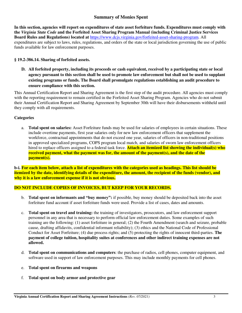 Instructions for Forfeited Asset Sharing Program (Fasp) Annual Certification Report and Sharing Agreement - Virginia, Page 3