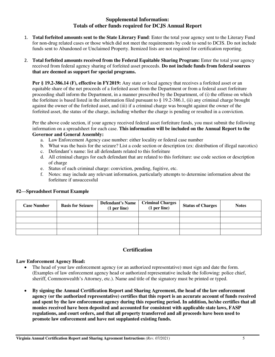 Instructions for Forfeited Asset Sharing Program (Fasp) Annual Certification Report and Sharing Agreement - Virginia, Page 5