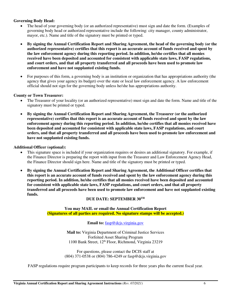 Instructions for Forfeited Asset Sharing Program (Fasp) Annual Certification Report and Sharing Agreement - Virginia, Page 6