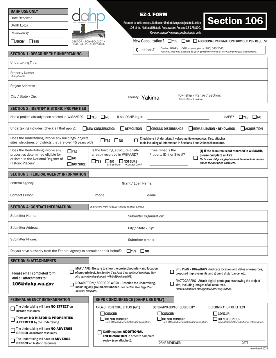Form EZ-1 Request to Initiate Consultation for Undertakings Subject to Section 106 of the National Historic Preservation Act and 36 Cfr 800 - Washington, Page 1
