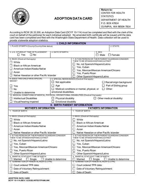 DCYF Form 10-114 Adoption Data Card - Washington