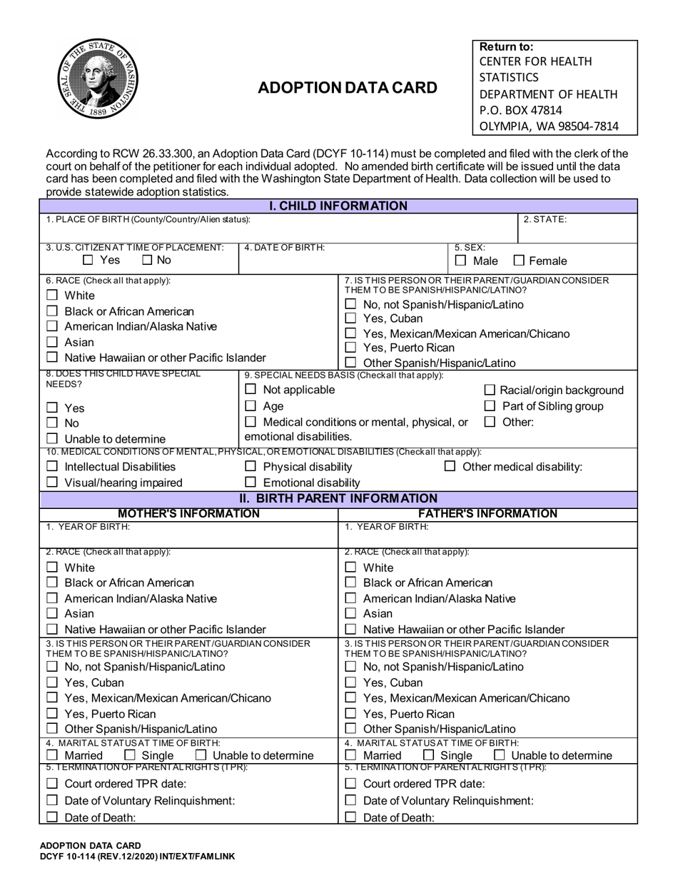 DCYF Form 10-114 Adoption Data Card - Washington, Page 1