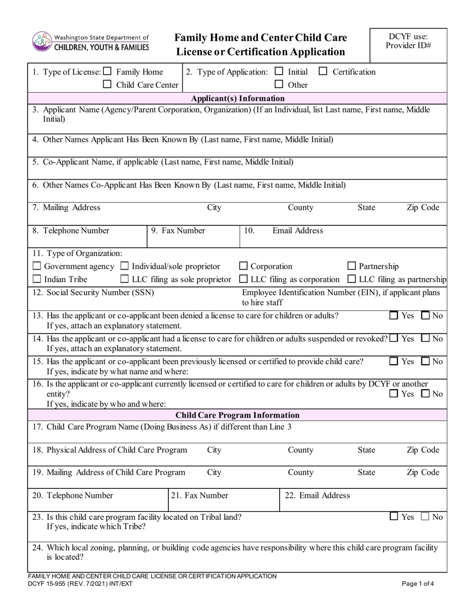 DCYF Form 15-955 Family Home and Center Child Care License or Certification Application - Washington, Page 1