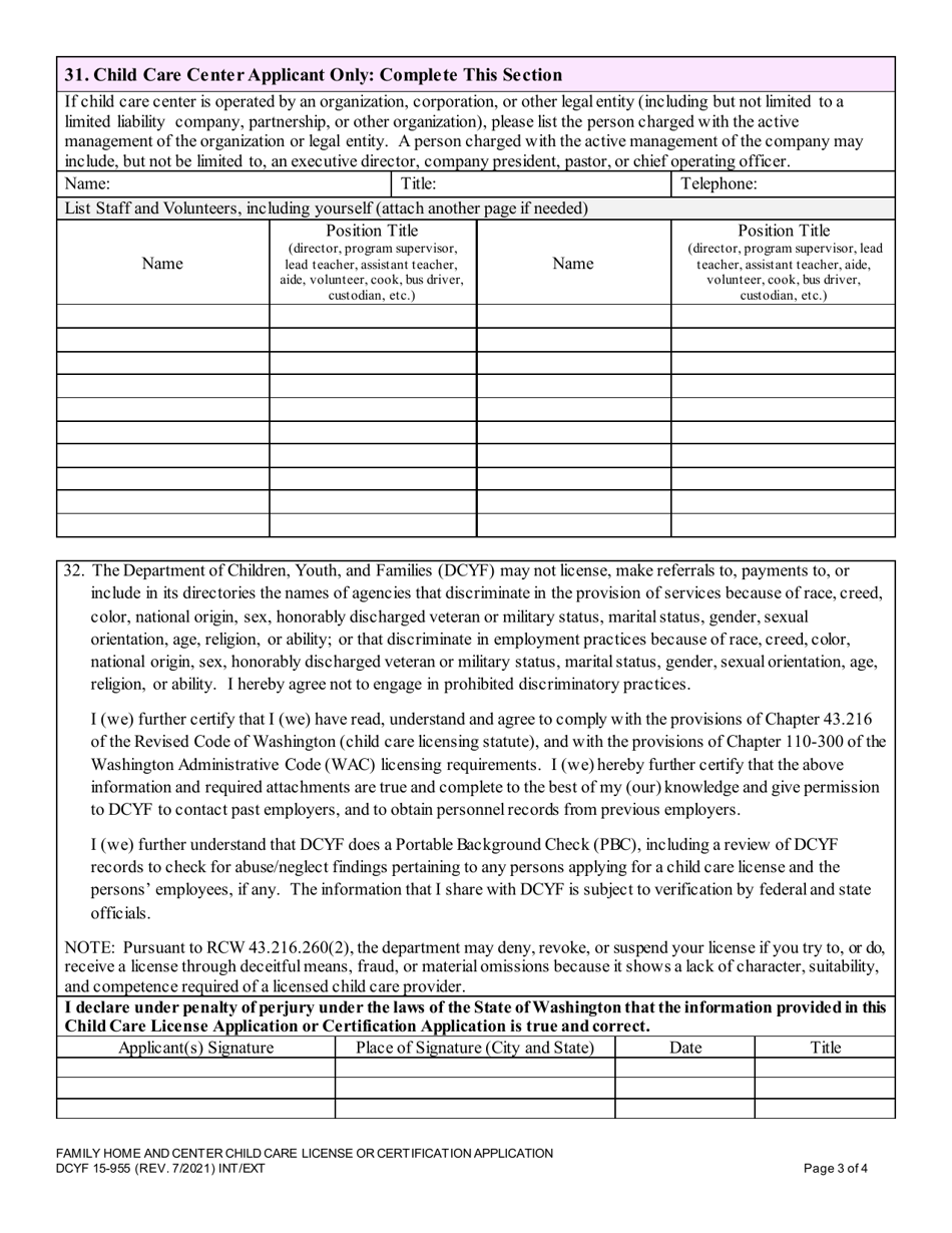 DCYF Form 15-955 Family Home and Center Child Care License or Certification Application - Washington, Page 3