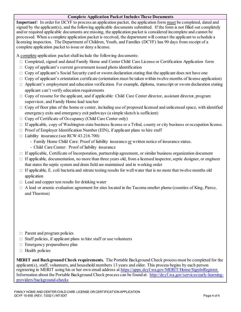 DCYF Form 15-955 Family Home and Center Child Care License or Certification Application - Washington, Page 4