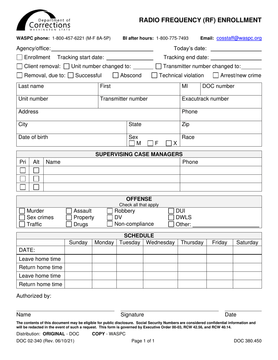 Form DOC02-340 Radio Frequency (Rf) Enrollment - Washington, Page 1