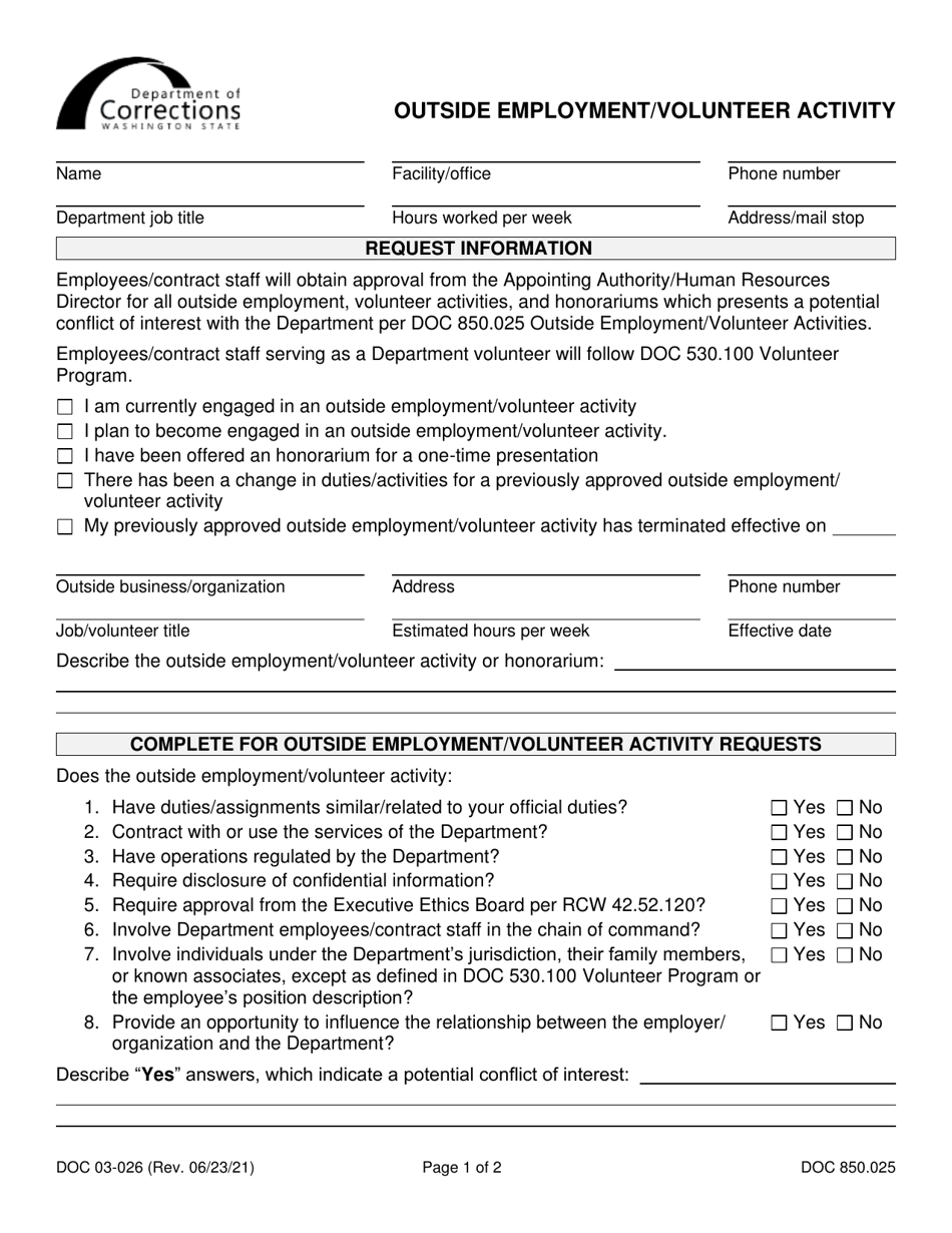 Form DOC03-026 Outside Employment / Volunteer Activity - Washington, Page 1