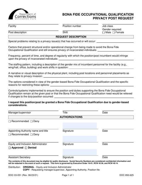 Form DOC03-051 Bona Fide Occupational Qualification Privacy Post Request - Washington