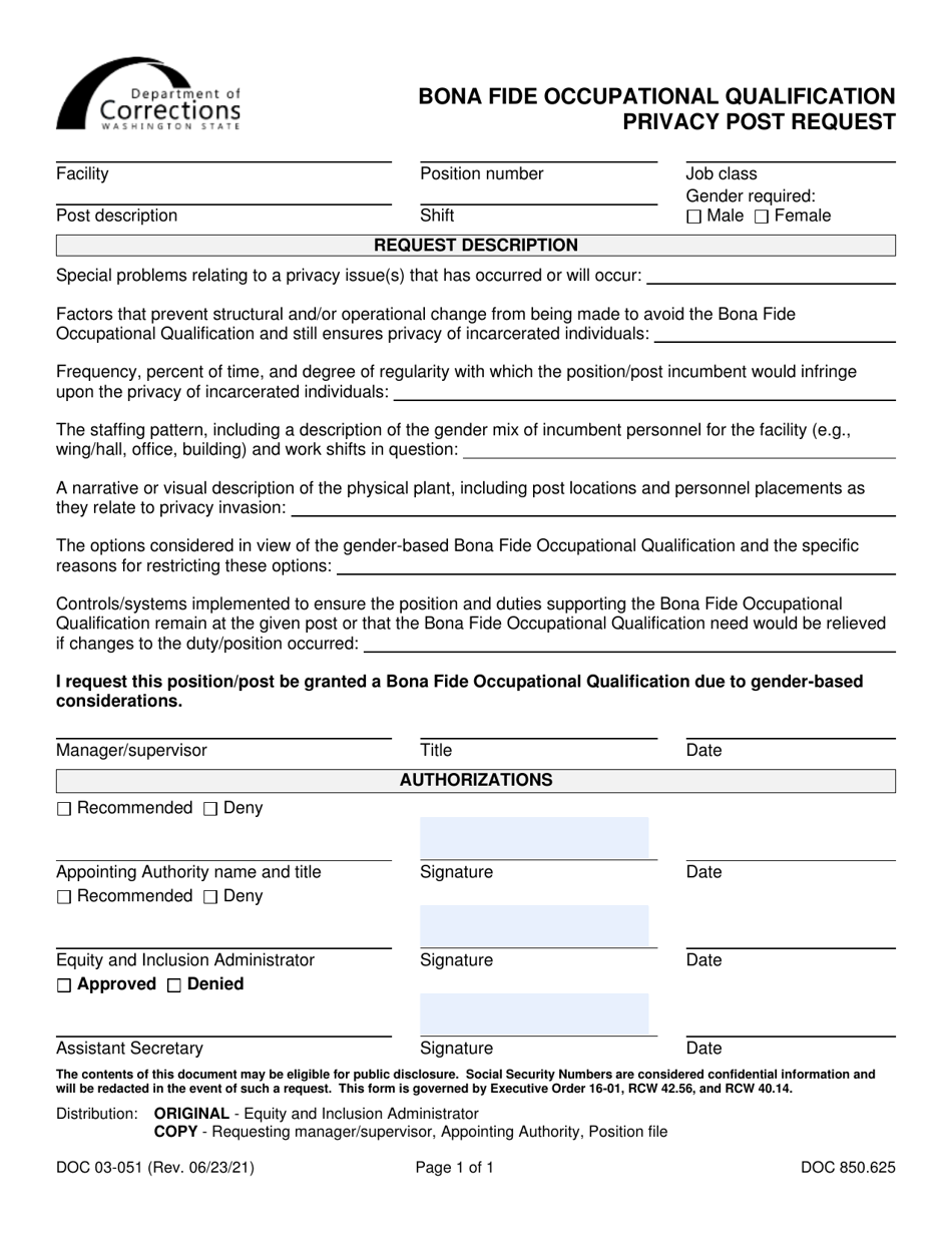 Form DOC03-051 Bona Fide Occupational Qualification Privacy Post Request - Washington, Page 1