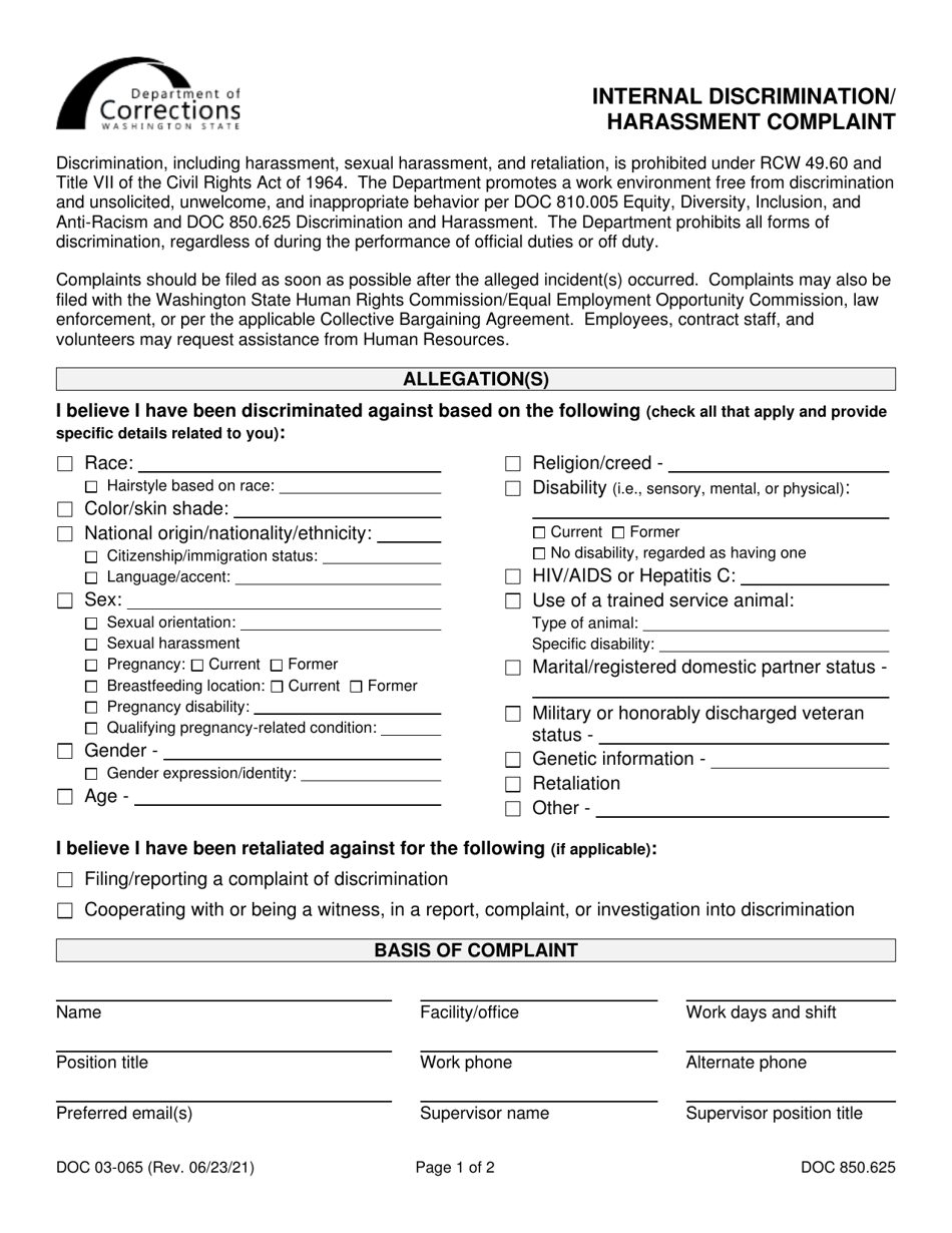 Form DOC03-065 Internal Discrimination / Harassment Complaint - Washington, Page 1