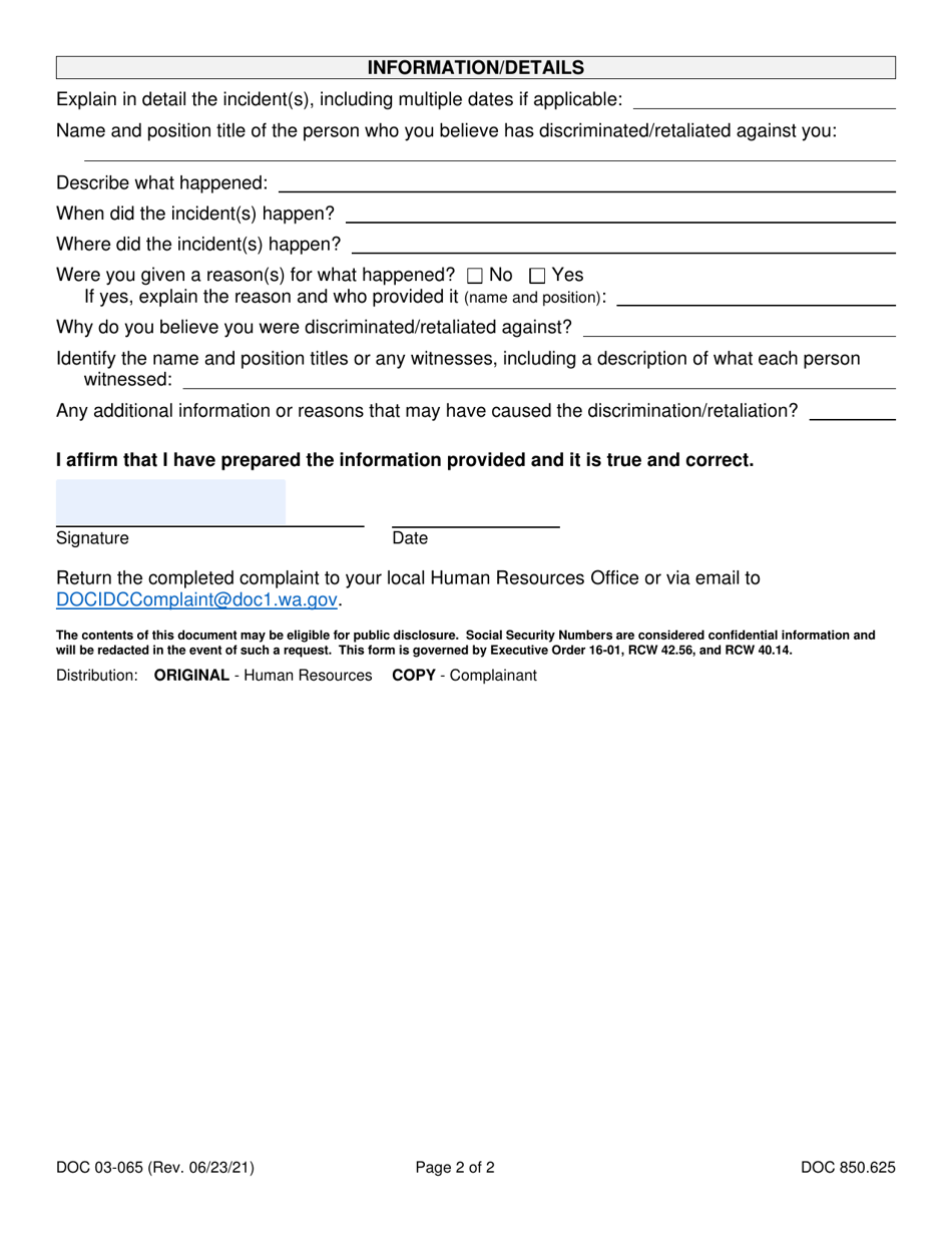 Form DOC03-065 Internal Discrimination / Harassment Complaint - Washington, Page 2