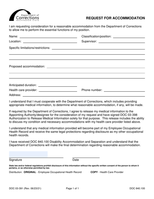 Form DOC03-391 Request for Accommodation - Washington