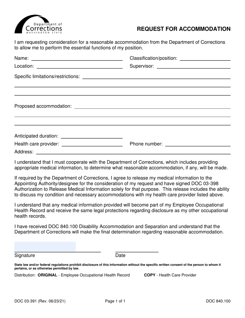 Form DOC03-391 Request for Accommodation - Washington, Page 1