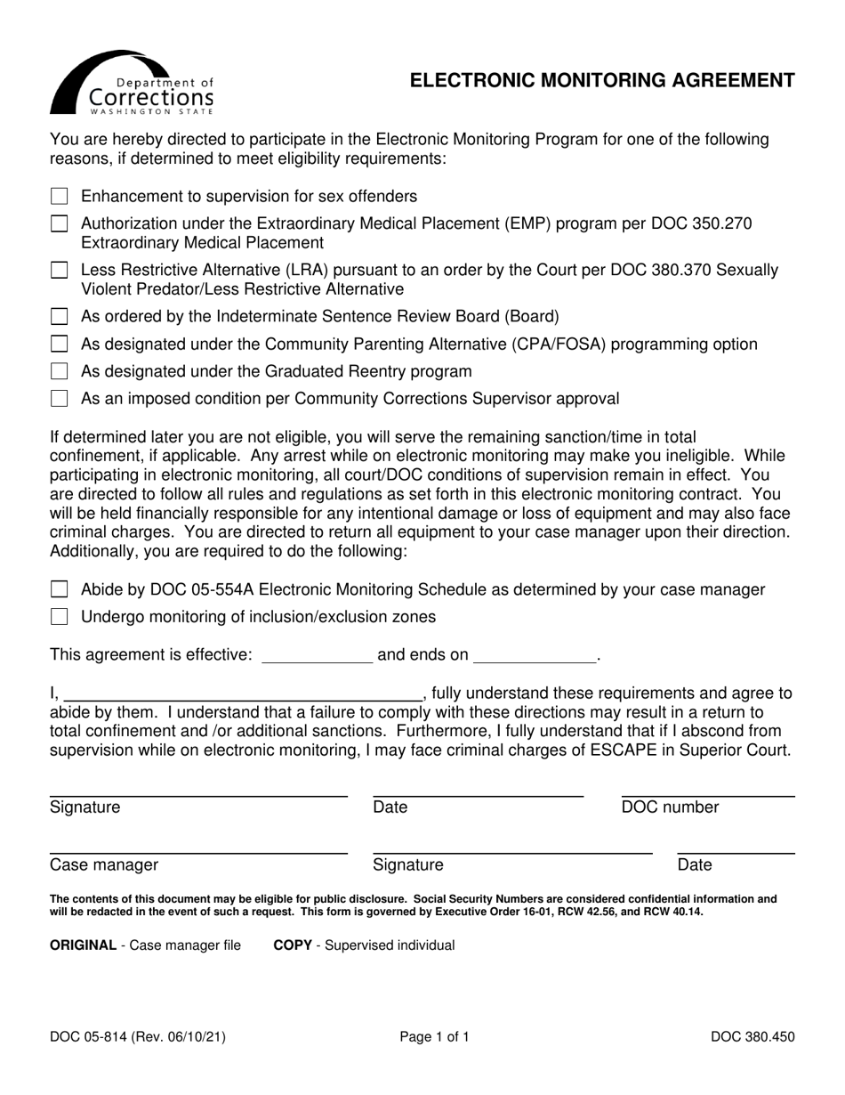 Form DOC05-814 Electronic Monitoring Agreement - Washington, Page 1