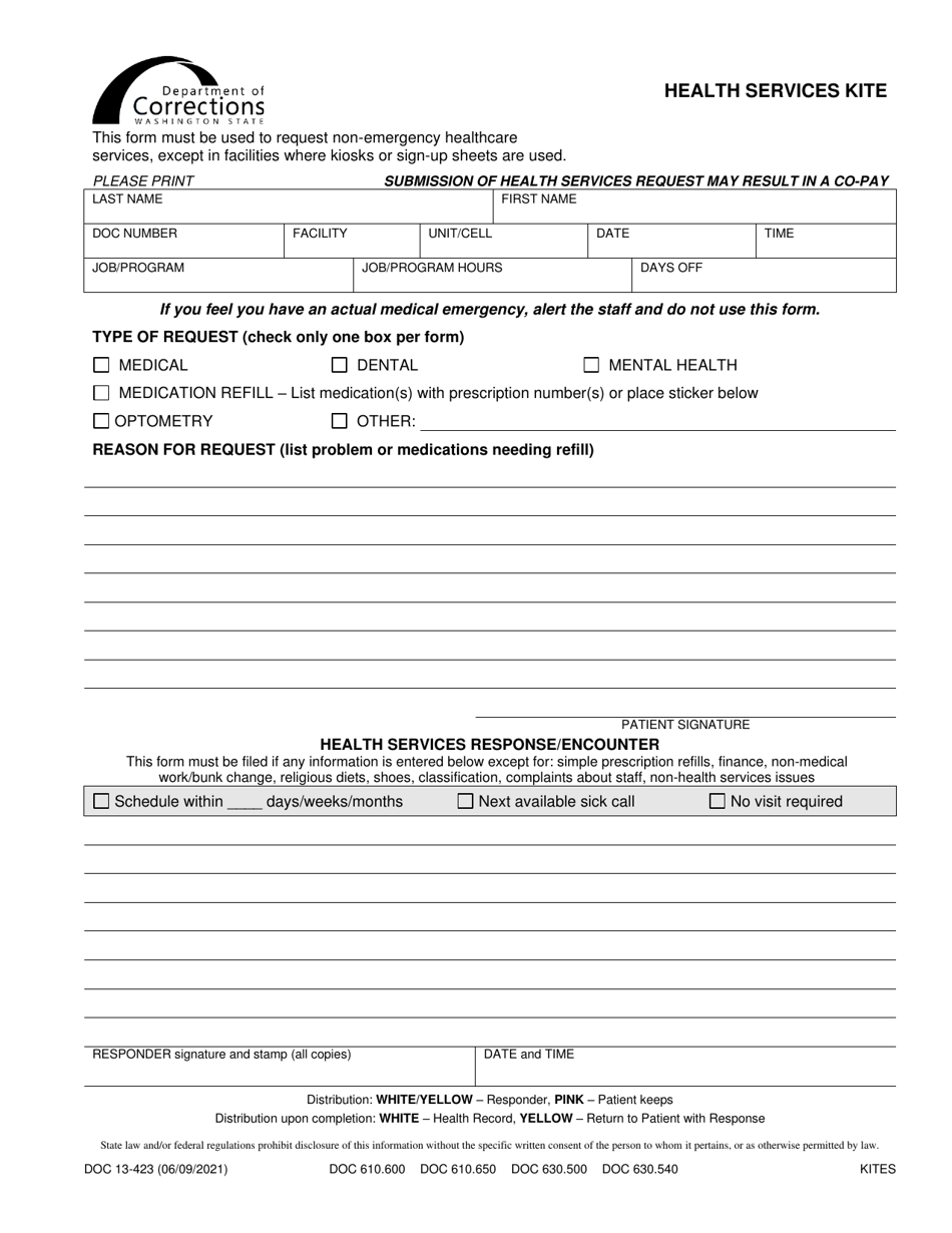 Form DOC13-423 Health Services Kite - Washington, Page 1