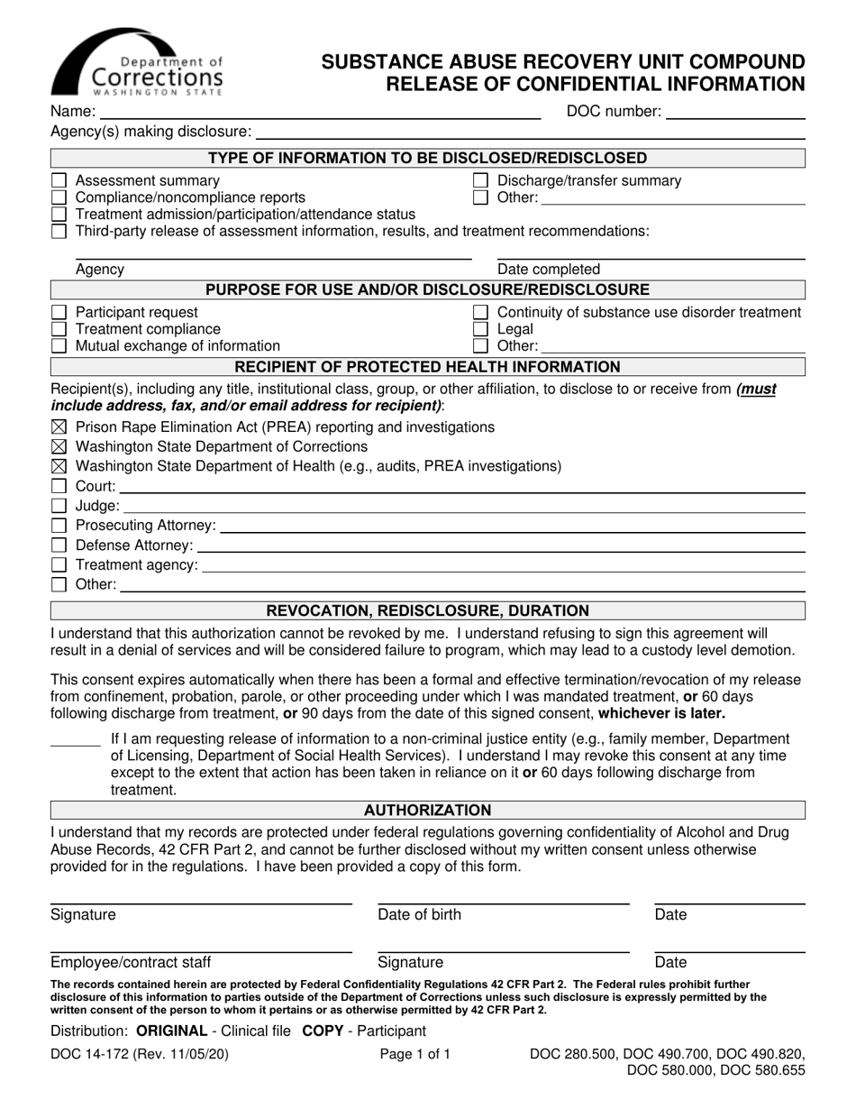 Form DOC14-172 Substance Abuse Recovery Unit Compound Release of Confidential Information - Washington, Page 1