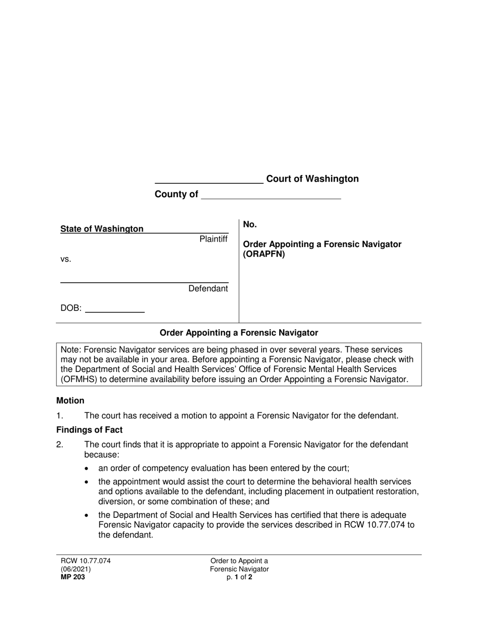 Form MP203 Order Appointing a Forensic Navigator (Orapfn) - Washington, Page 1