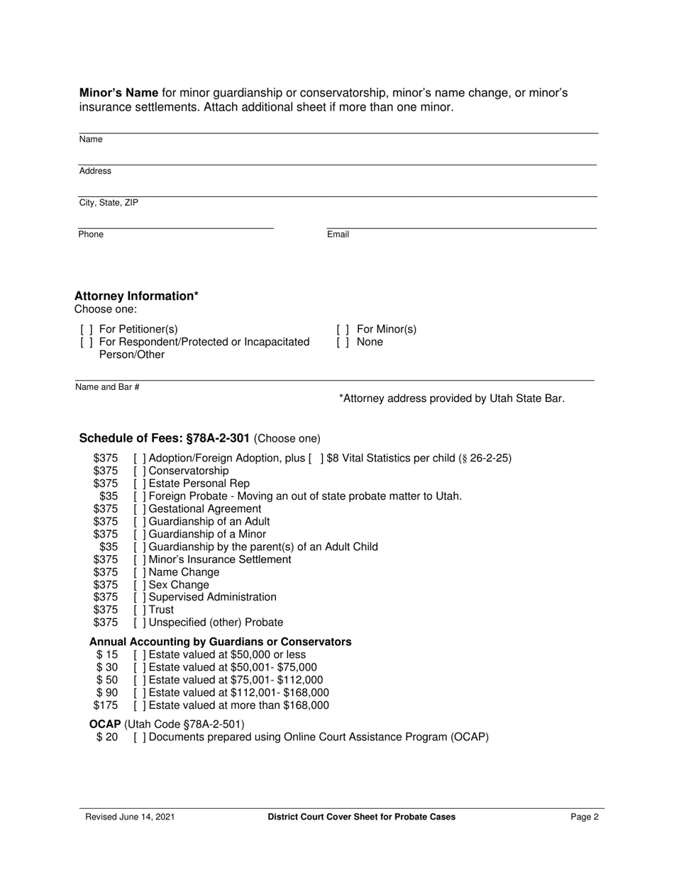 Utah District Court Cover Sheet for Probate Cases - Utah (English / Spanish), Page 2