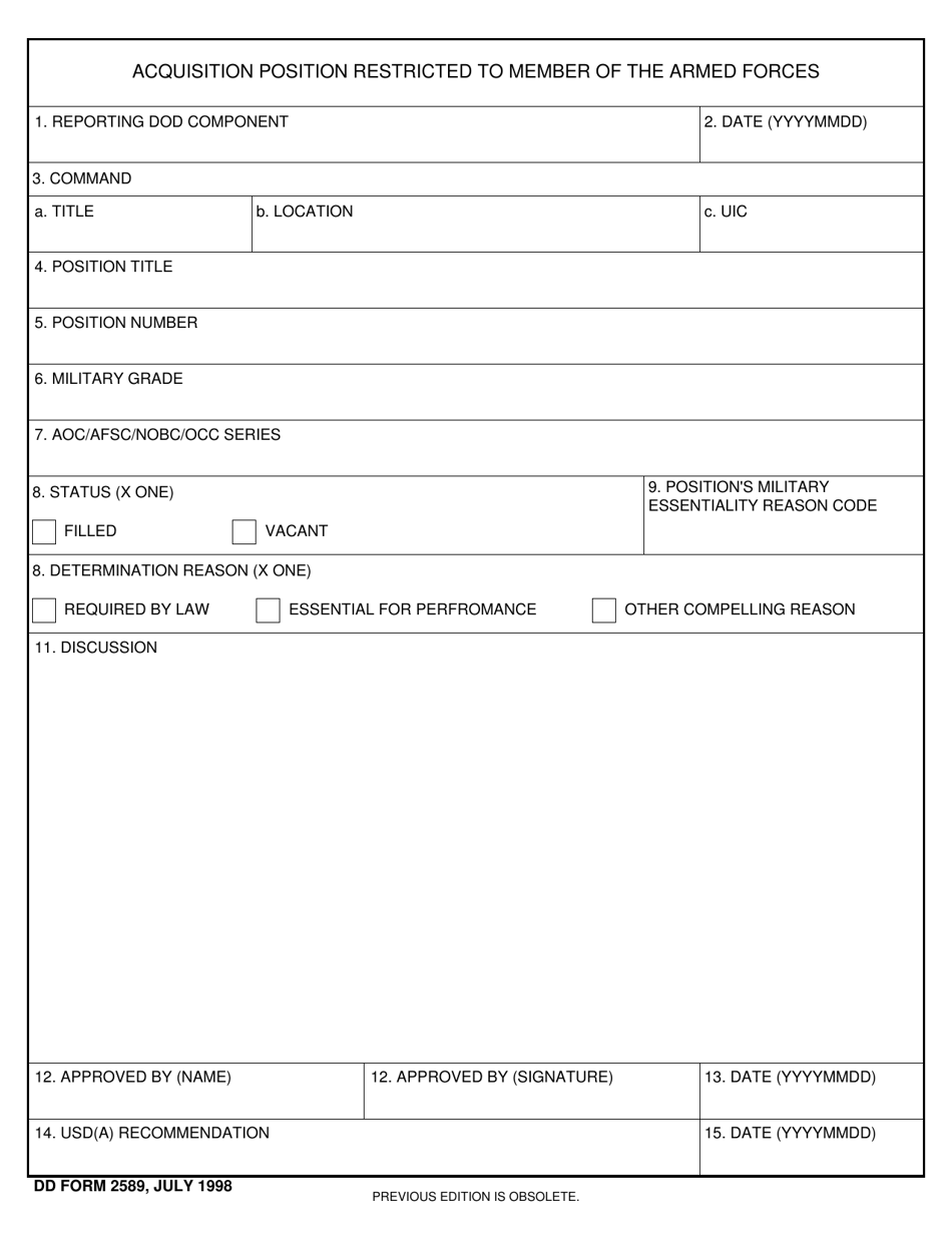DD Form 2589 Acquisition Position Restricted to Member of the Armed Forces, Page 1