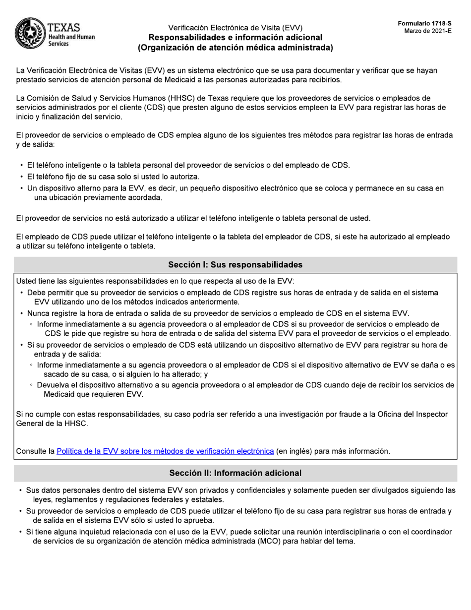 Formulario 1718-S Responsabilidades E Informacion Adicional (Organizacion De Atencion Medica Administrada) - Texas (Spanish), Page 1