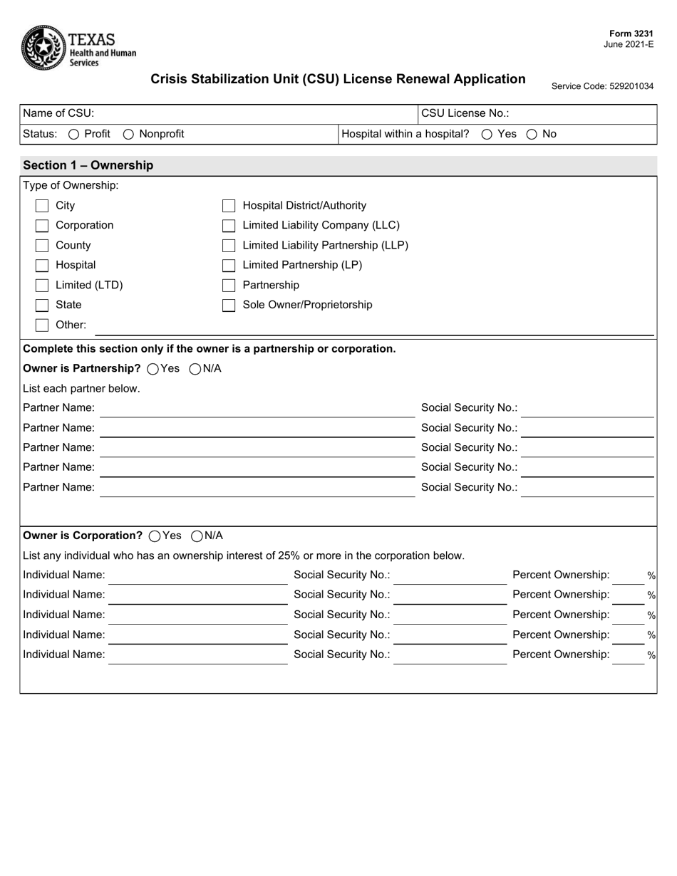 Form 3231 Crisis Stabilization Unit (Csu) License Renewal Application - Texas, Page 1