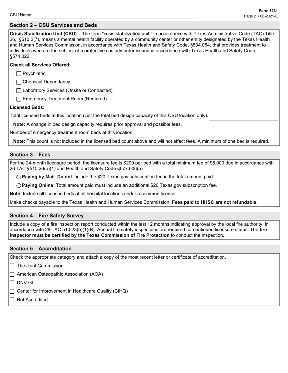 Form 3231 Crisis Stabilization Unit (Csu) License Renewal Application - Texas, Page 2