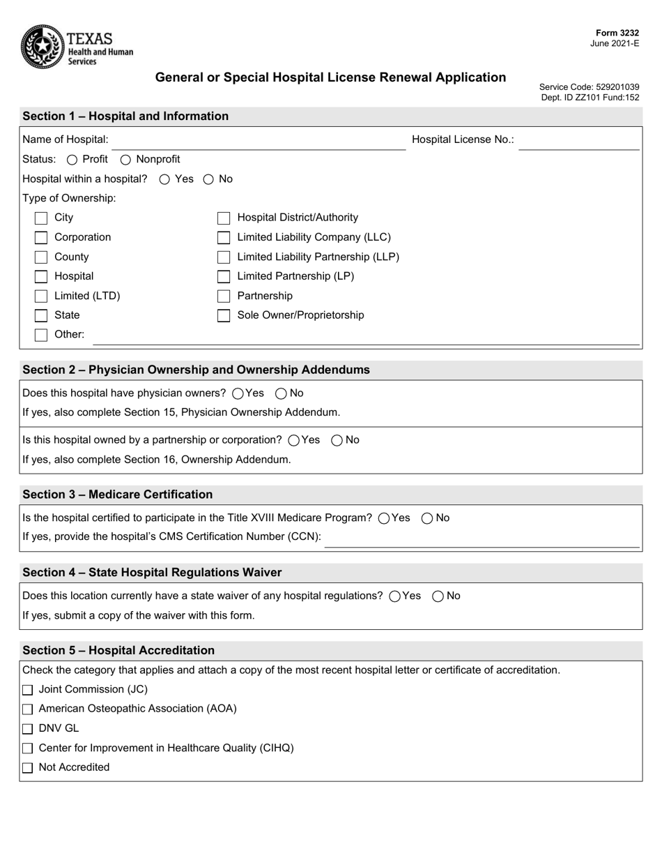 Form 3232 General or Special Hospital License Renewal Application - Texas, Page 1