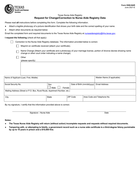 Form 5508-NAR Request for Change/Correction to Nurse Aide Registry Data - Texas