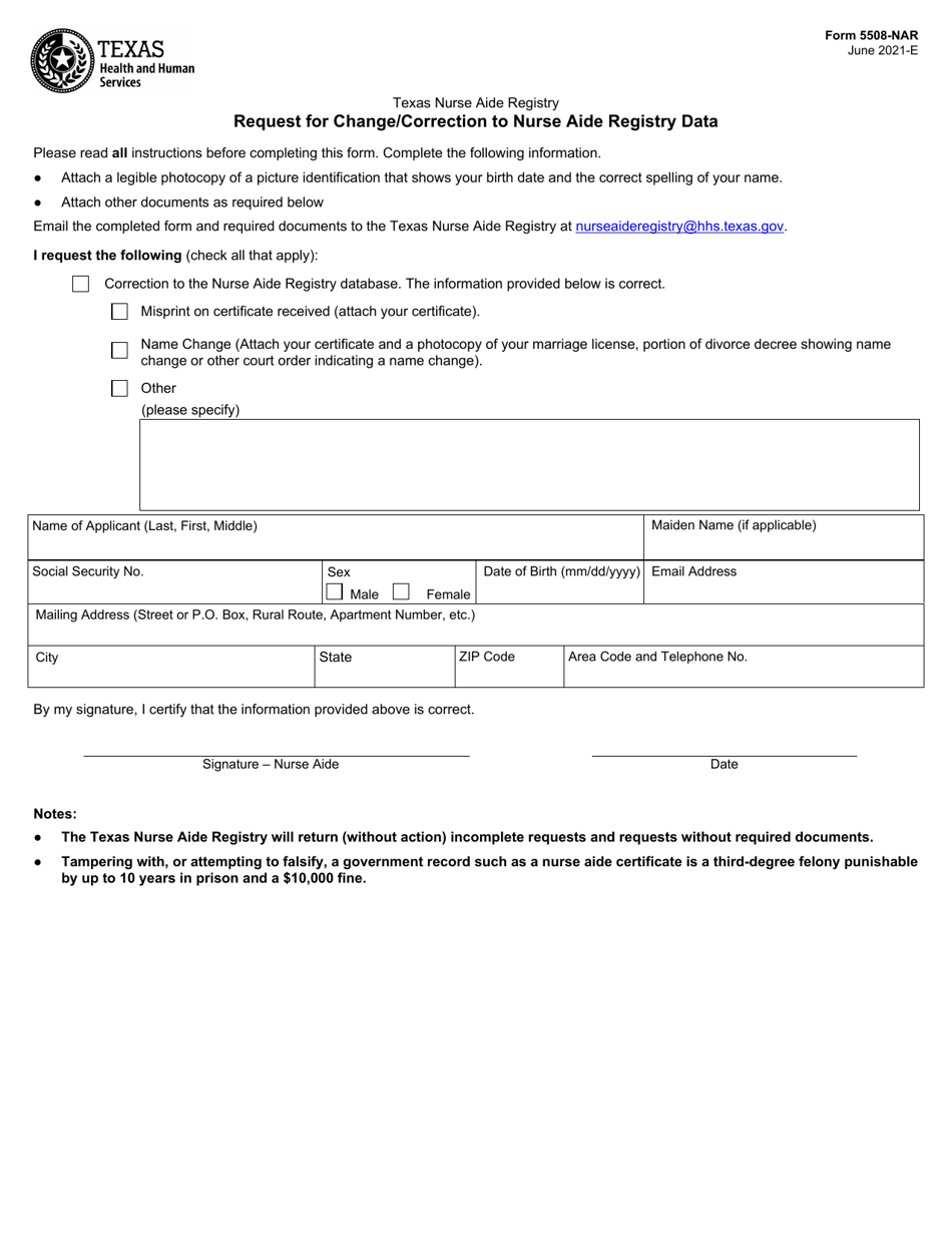 Form 5508-NAR Request for Change / Correction to Nurse Aide Registry Data - Texas, Page 1