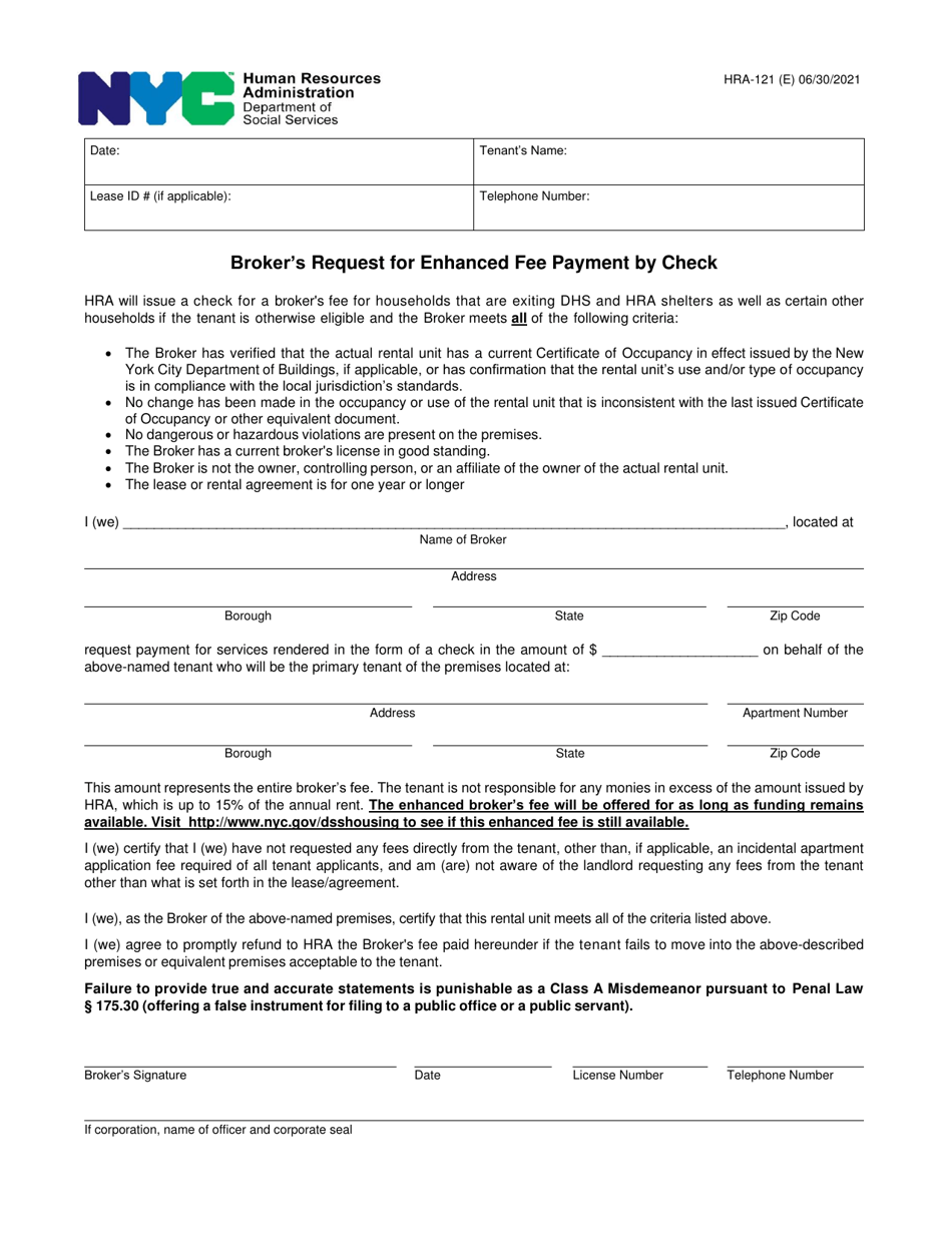 Form HRA-121 Brokers Request for Enhanced Fee Payment by Check - New York City, Page 1