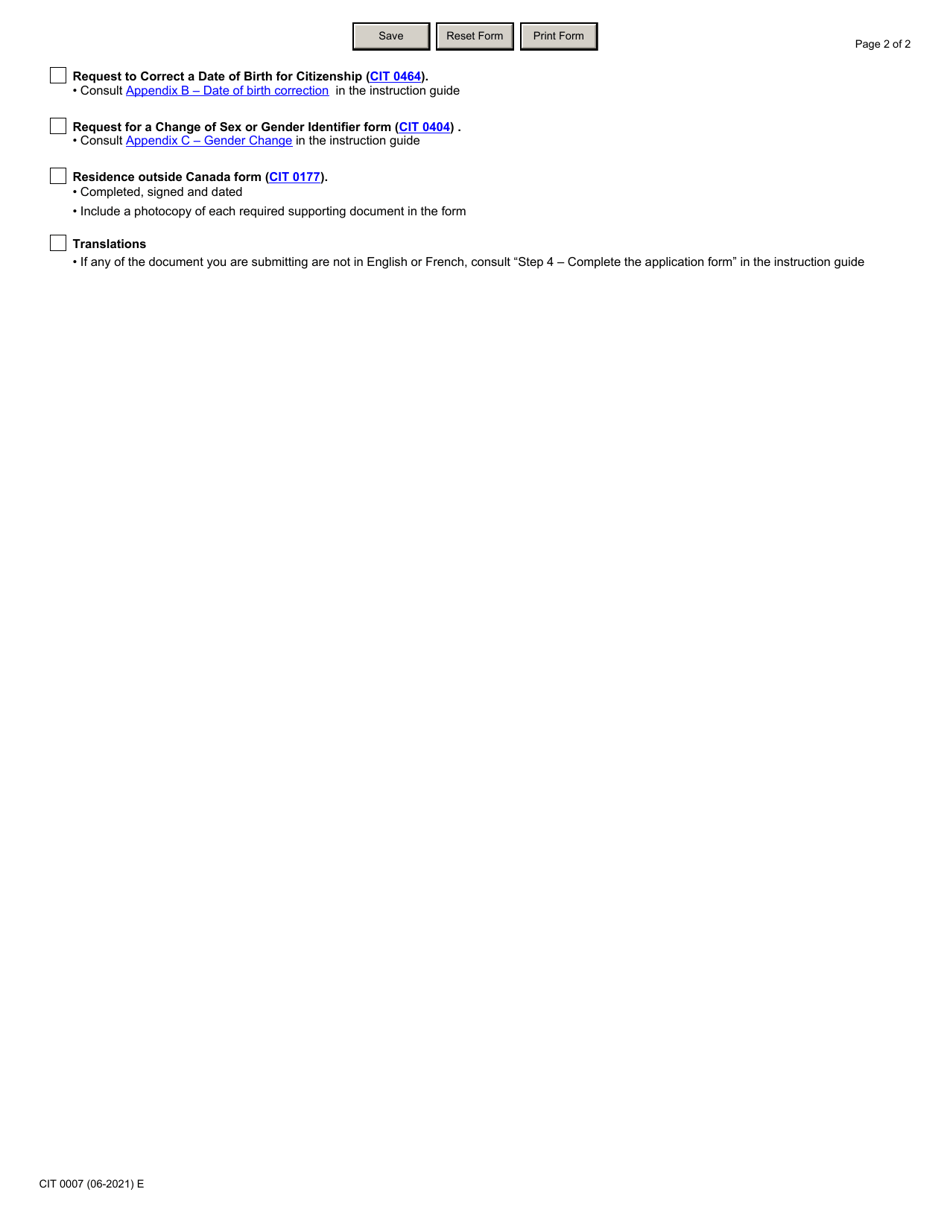 Form CIT0007 Document Checklist: Application for Canadian Citizenship Under Subsection 5(1) - Adults (18 Years of Age and Older) - Canada, Page 2