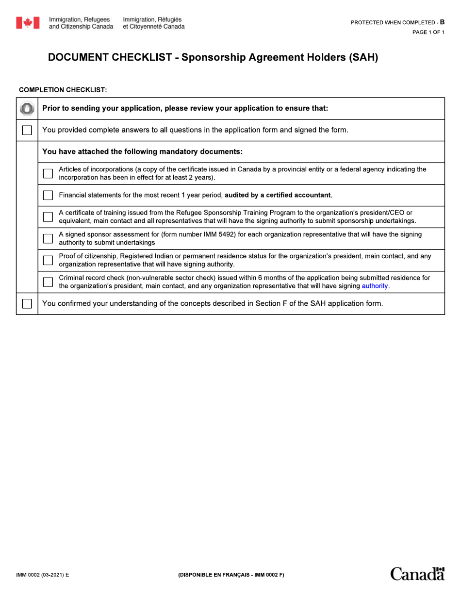 Form IMM0002 Document Checklist - Sponsorship Agreement Holders (Sah) - Canada, Page 1