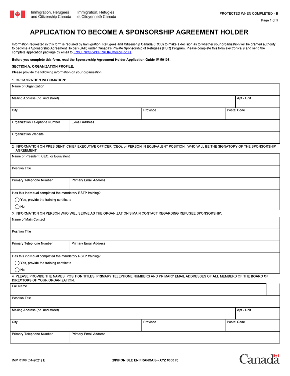 Form IMM0109 Application to Become a Sponsorship Agreement Holder - Canada, Page 1