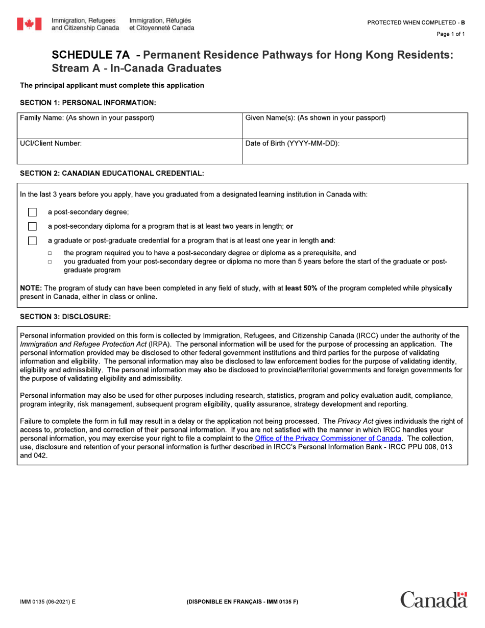 Form IMM0135 Schedule 7A Permanent Residence Pathways for Hong Kong Residents: Stream a - in-Canada Graduates - Canada, Page 1