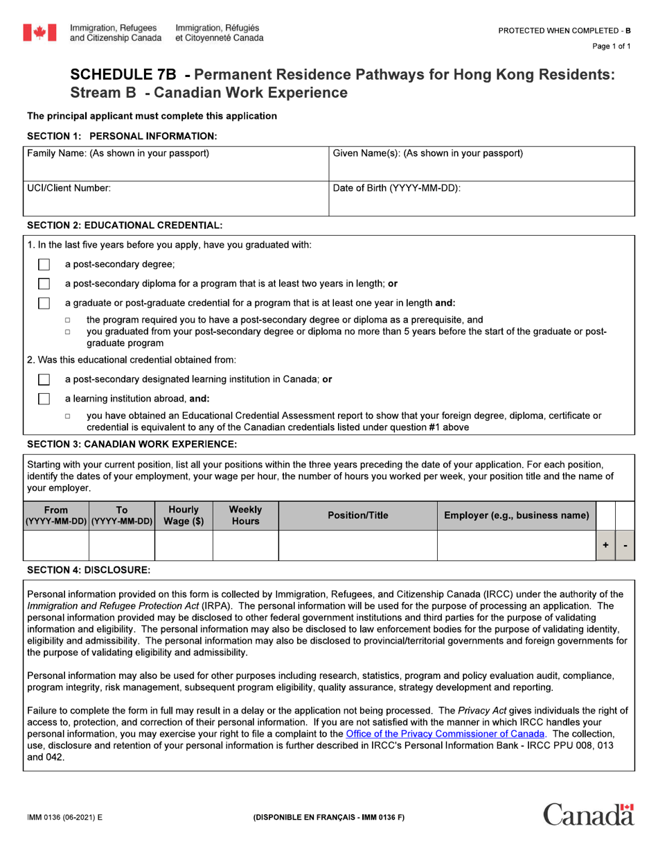 Form IMM0136 Schedule 7B Permanent Residence Pathways for Hong Kong Residents: Stream B - Canadian Work Experience - Canada, Page 1