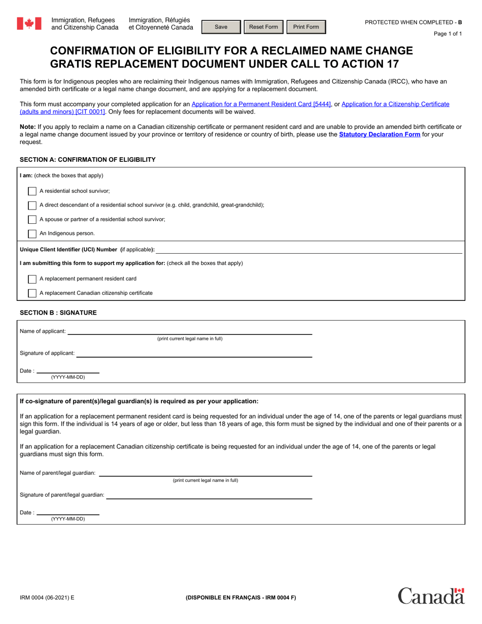 Form IRM0004 Confirmation of Eligibility for a Reclaimed Name Change Gratis Replacement Document Under Call to Action 17 - Canada, Page 1