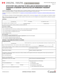 Document preview: Form IRM0005 Statutory Declaration to Reclaim an Indigenous Name on Canadian Citizenship Certificates or Permanent Resident Cards - Canada