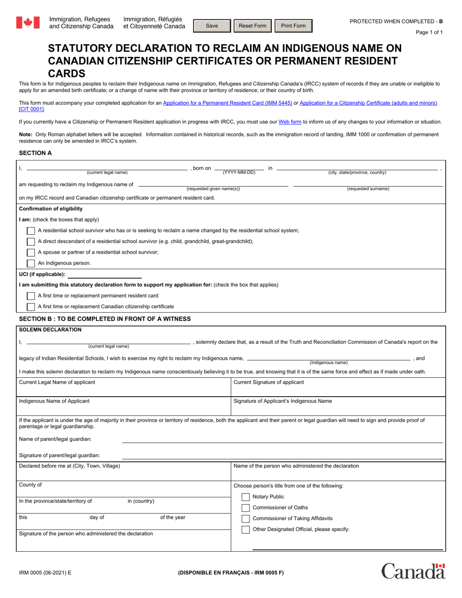 Form IRM0005 Statutory Declaration to Reclaim an Indigenous Name on Canadian Citizenship Certificates or Permanent Resident Cards - Canada, Page 1