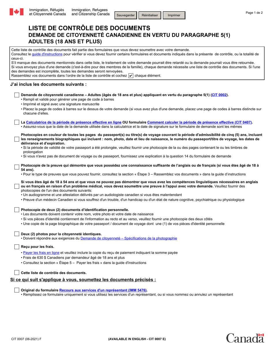 Forme CIT0007 Liste De Controle DES Documents: Demande De Citoyennete Canadienne En Vertu Du Paragraphe 5(1) - Adultes (18 Ans Et Plus) - Canada (French), Page 1