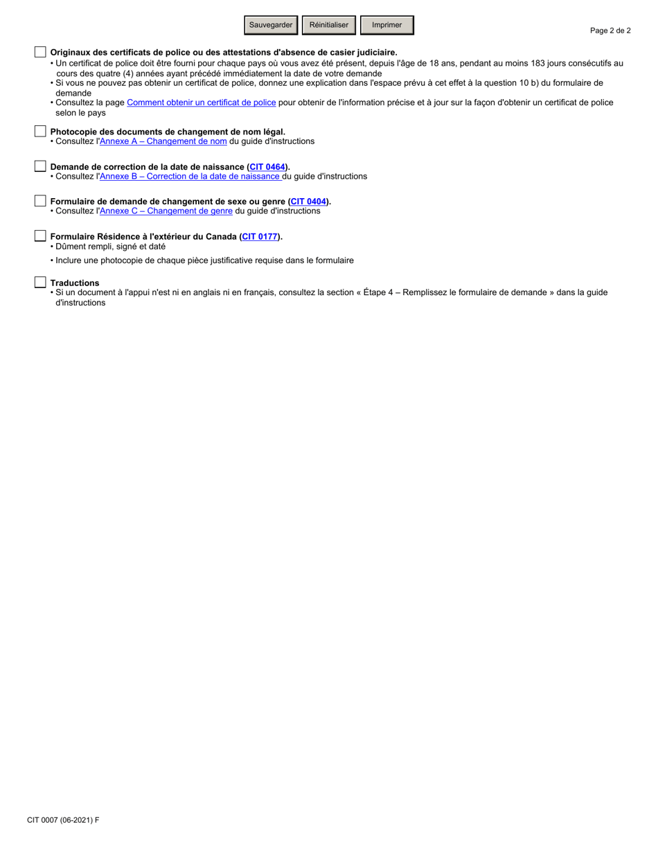 Forme CIT0007 Liste De Controle DES Documents: Demande De Citoyennete Canadienne En Vertu Du Paragraphe 5(1) - Adultes (18 Ans Et Plus) - Canada (French), Page 2