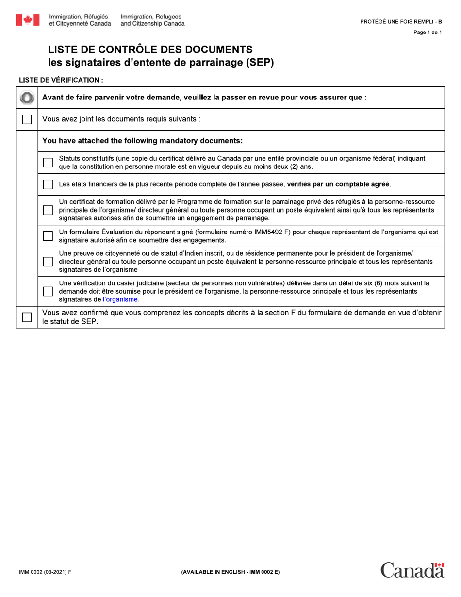 Forme IMM0002 Liste De Controle DES Documents: Les Signataires Dentente De Parrainage (Sep) - Canada (French), Page 1