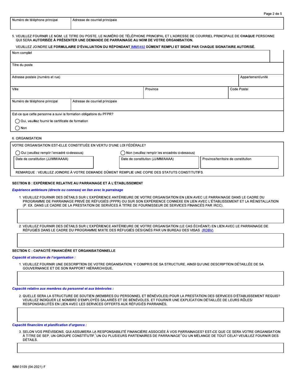 Forme IMM0109 Demande En Vue De Devenir Un Signataire Dentente De Parrainage - Canada (French), Page 2