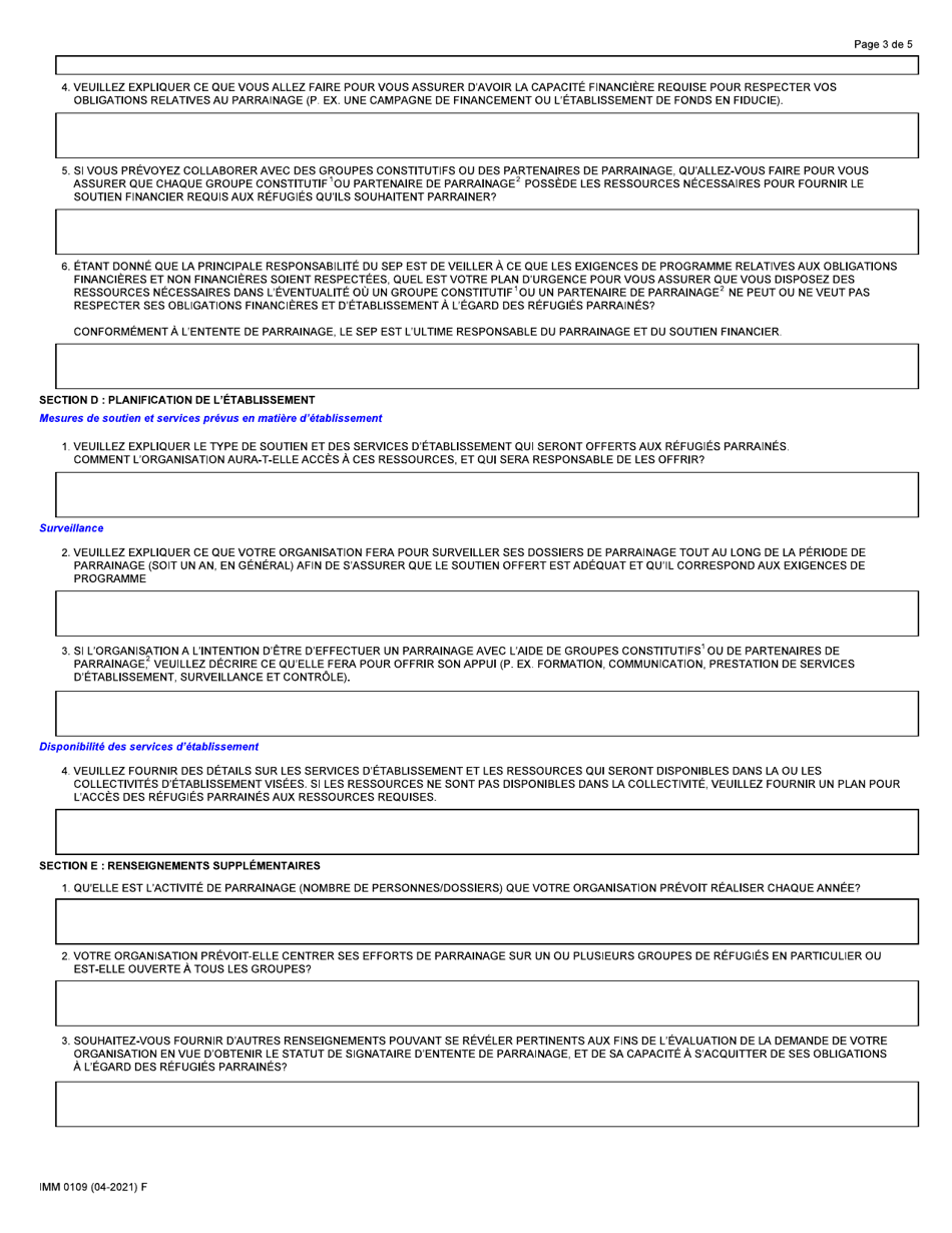 Forme IMM0109 Demande En Vue De Devenir Un Signataire Dentente De Parrainage - Canada (French), Page 3