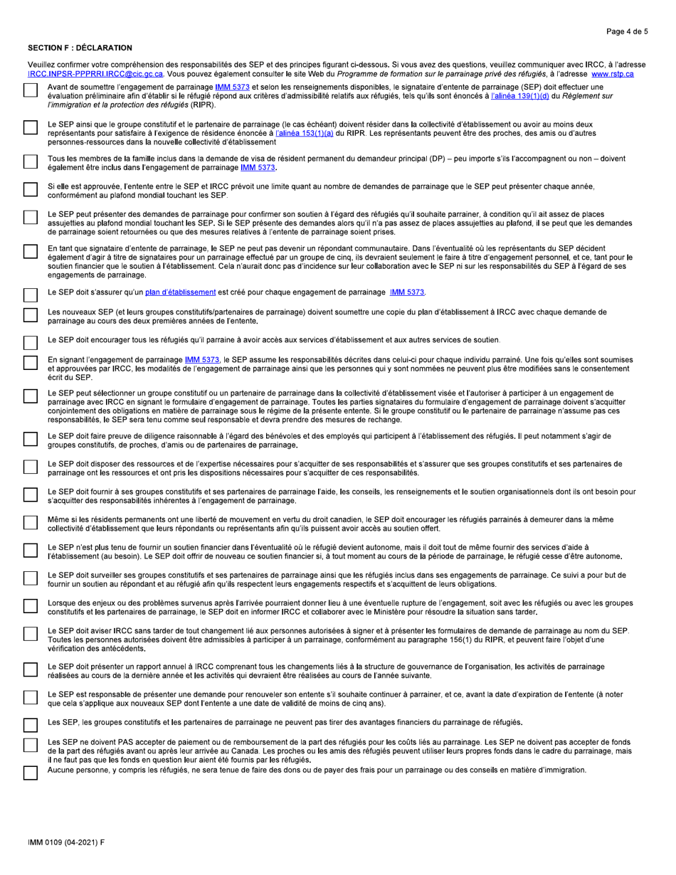 Forme IMM0109 Demande En Vue De Devenir Un Signataire Dentente De Parrainage - Canada (French), Page 4
