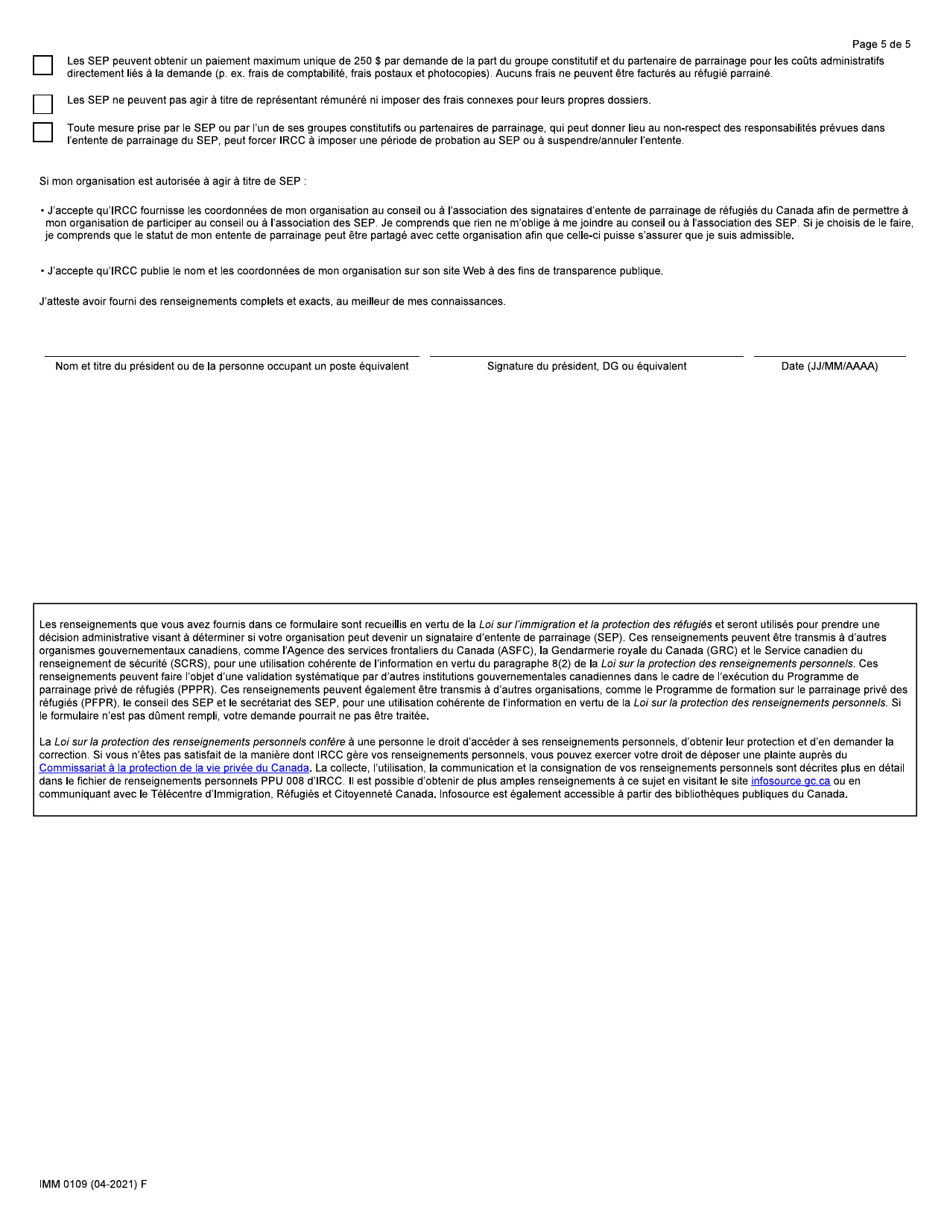 Forme IMM0109 Demande En Vue De Devenir Un Signataire Dentente De Parrainage - Canada (French), Page 5