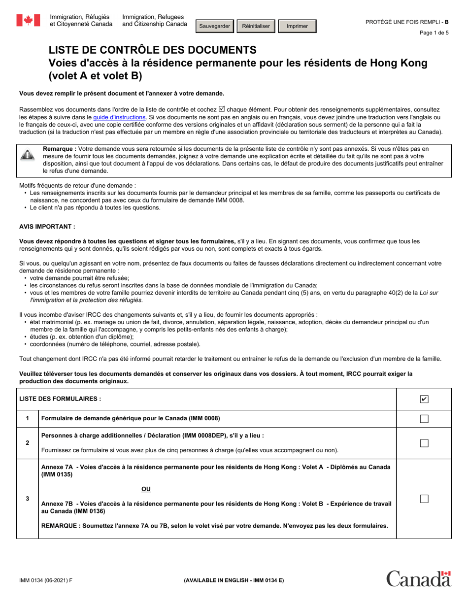 Forme IMM0134 Liste De Controle DES Documents: Voies Dacces a La Residence Permanente Pour Les Residents De Hong Kong - Canada (French), Page 1