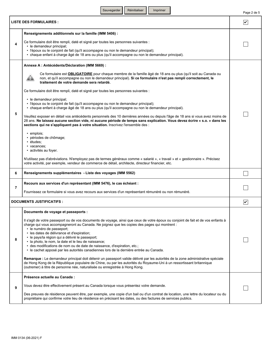 Forme IMM0134 Liste De Controle DES Documents: Voies Dacces a La Residence Permanente Pour Les Residents De Hong Kong - Canada (French), Page 2